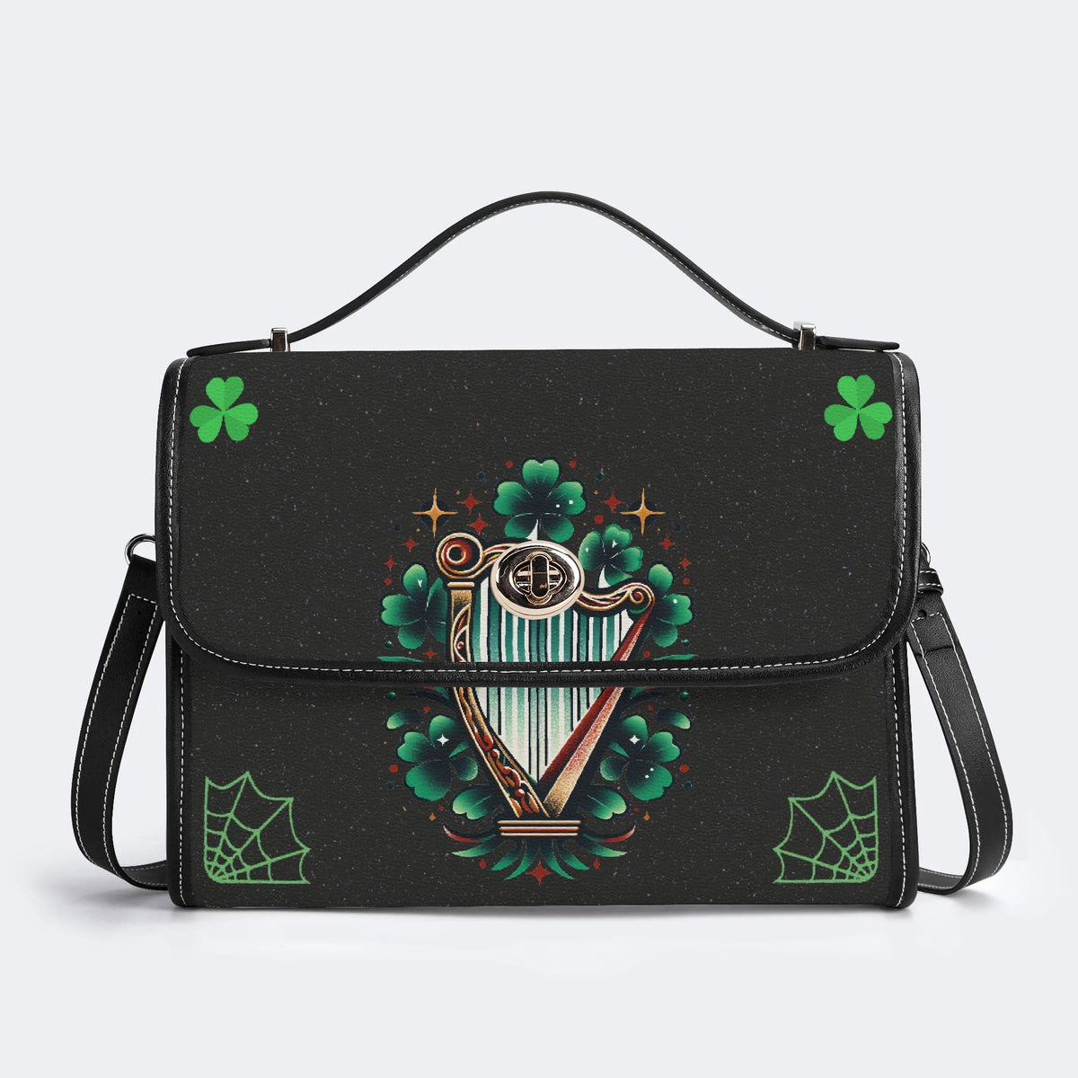 Irish Harp & Shamrocks Print - Leather Satchel Bag