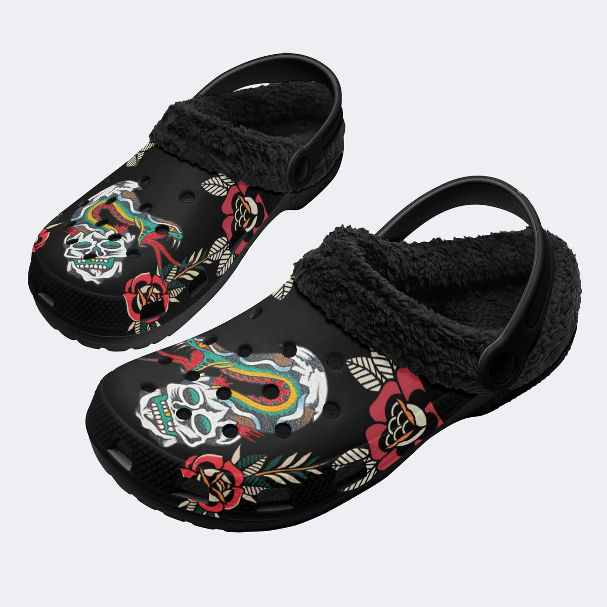 Skull & Snake Print - Fur Lined Slippers/Sandals