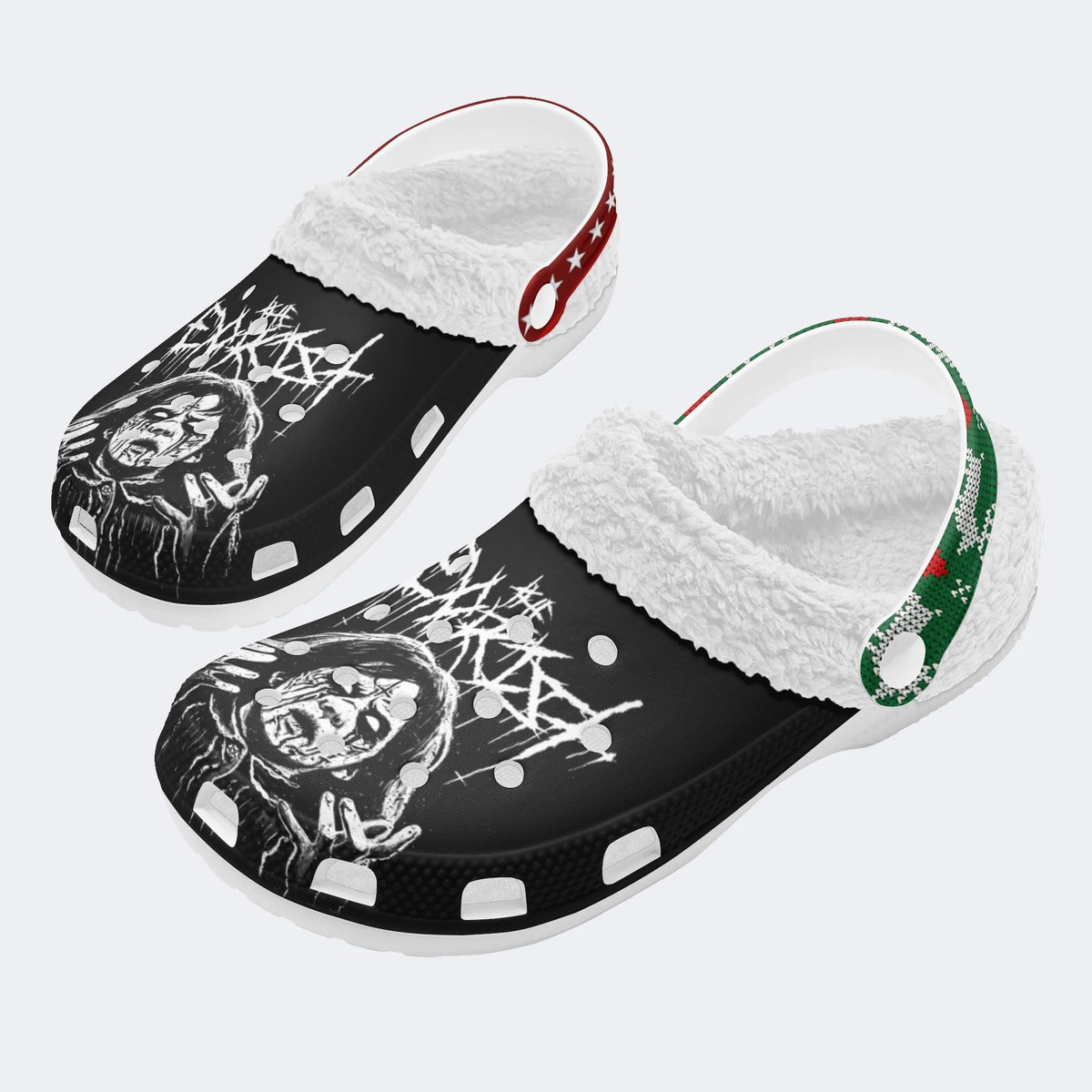 Unisex Black Metal Pinhead Print - Fur Lined Slippers/Sandals