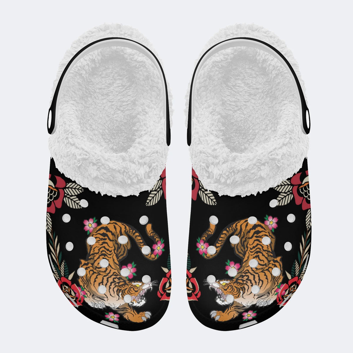 Tiger With Flowers Print - Fur Lined Slippers/Sandals