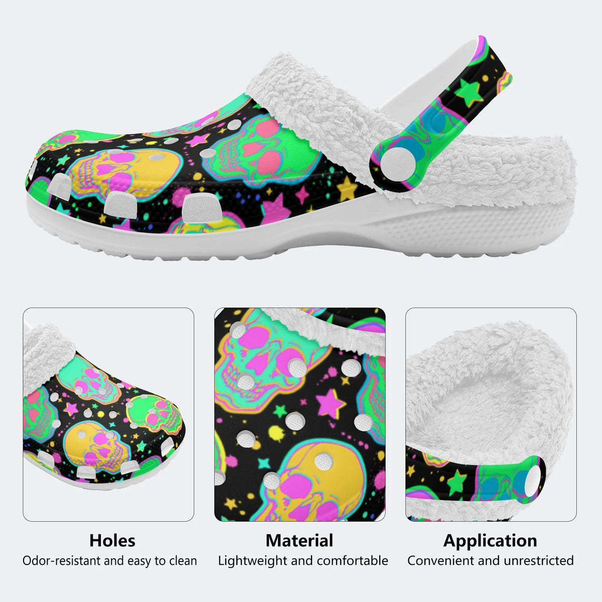 Fluorescent Skull Print- Fur Lined Slippers/Sandals