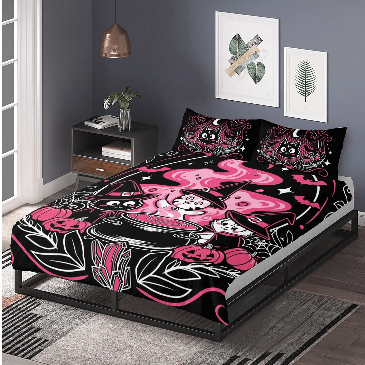 Pumpkin Witch Kitten Print - Three Piece Bedding Set