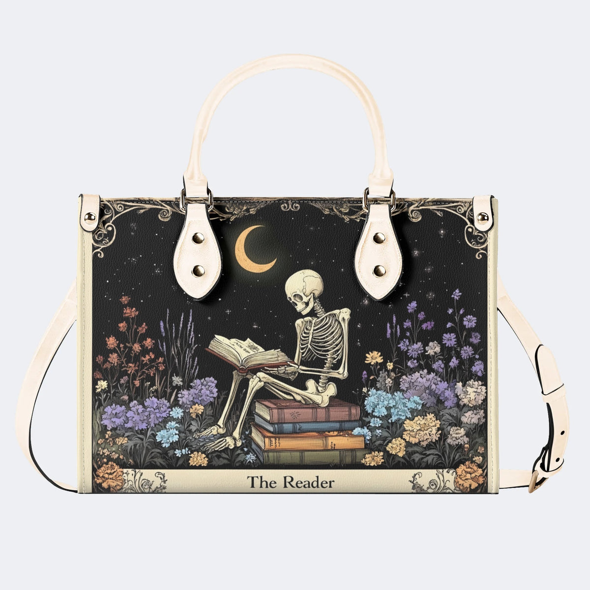 Skeleton Reading A Book Among Flowers - Leather Handbag