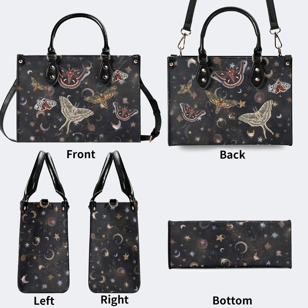 Retro Dark Moth Print - Leather Handbag
