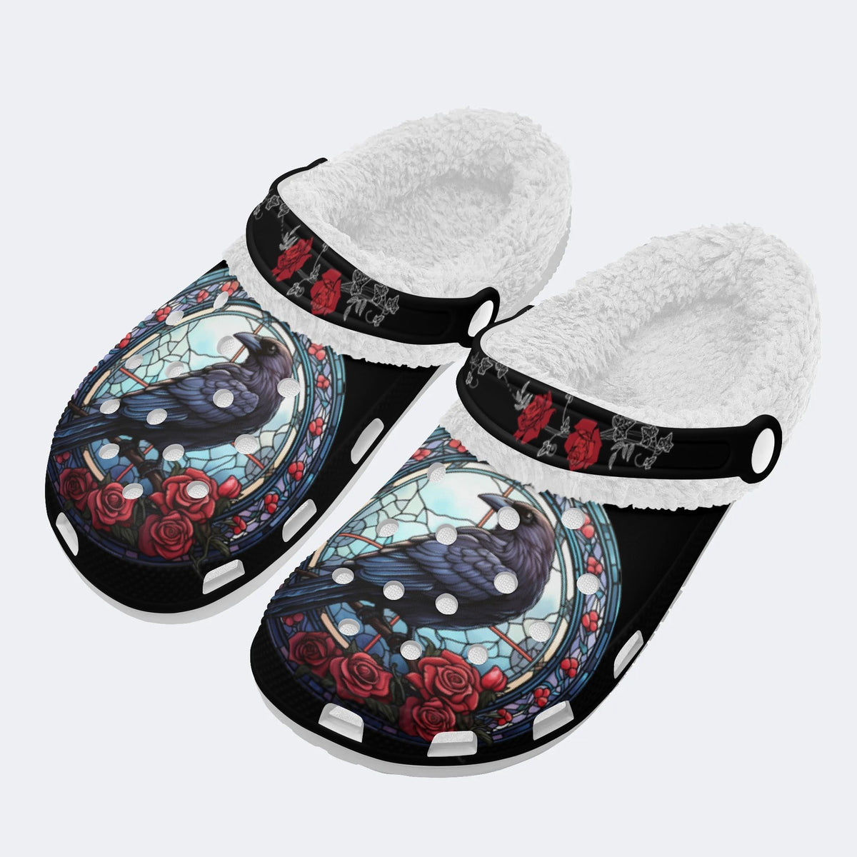 Vintage Crow Print - Fur Lined Slippers/Sandals