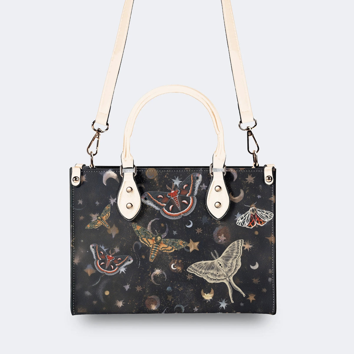 Retro Dark Moth Print - Leather Handbag