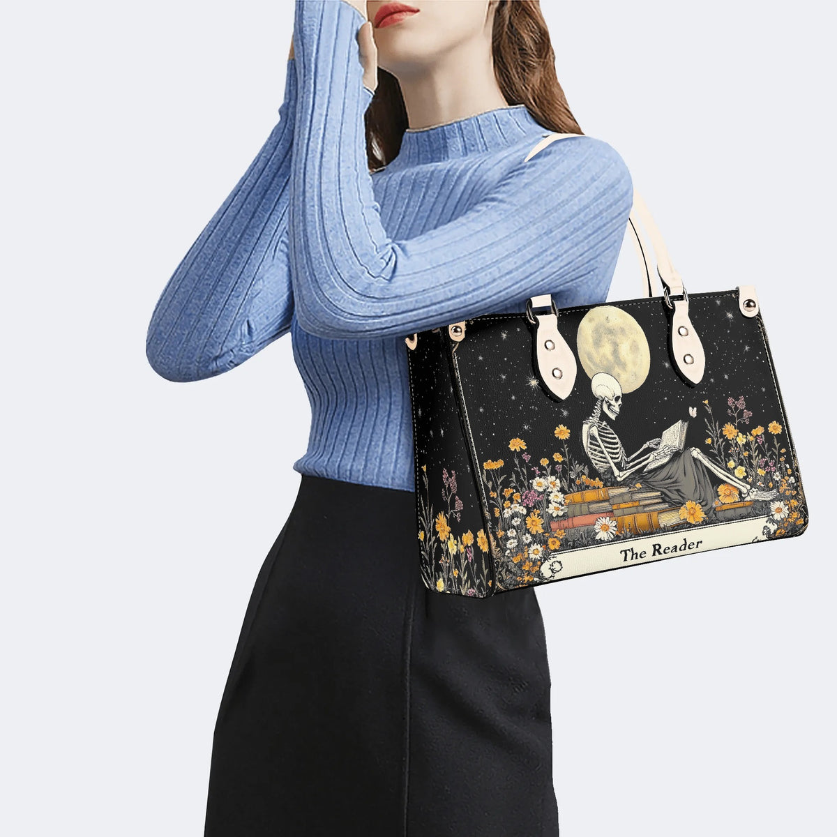 Skeleton Reading A Book Among Flowers - Leather Handbag