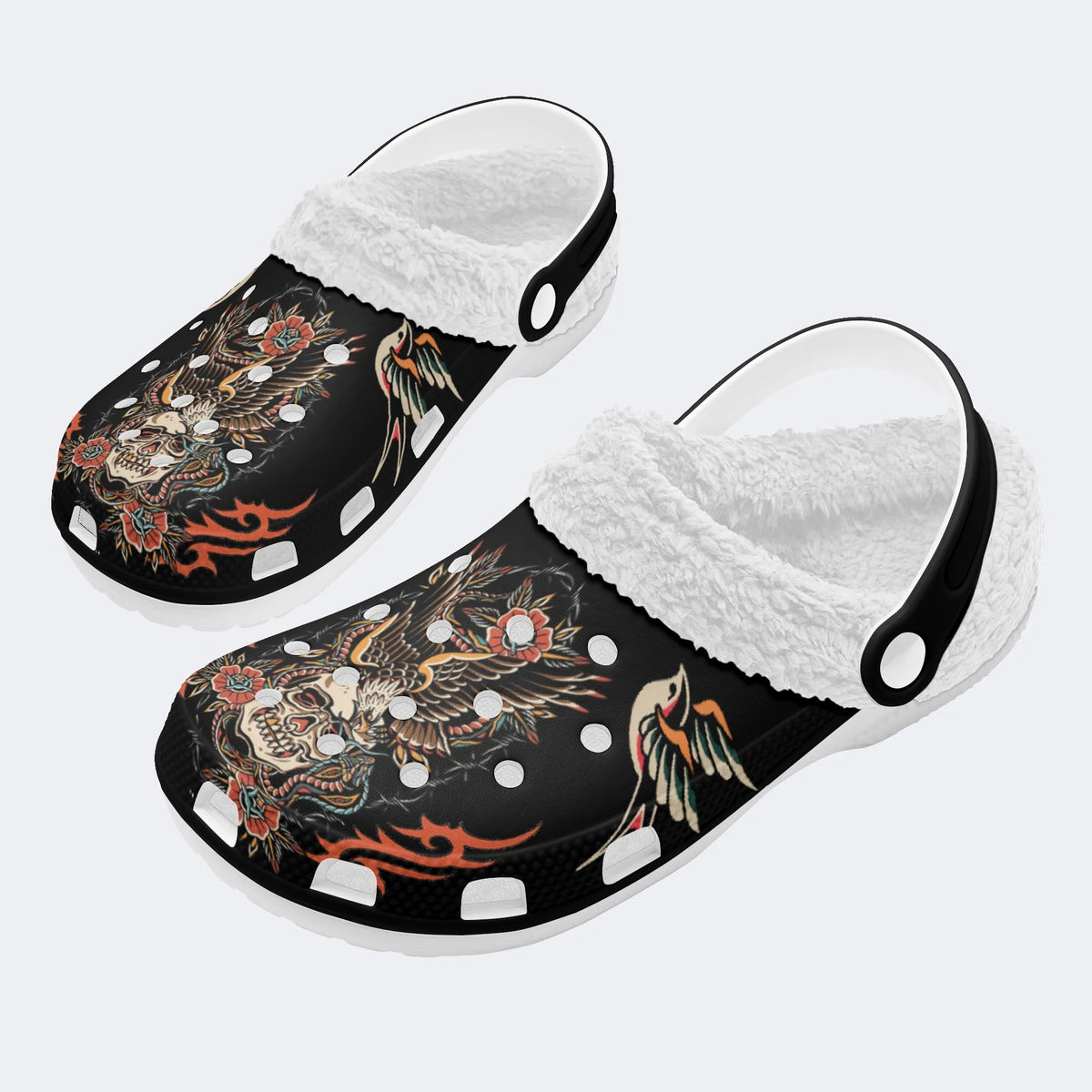 Old School Eagle&Snake&Skull Print - Fur Lined Slippers/Sandals