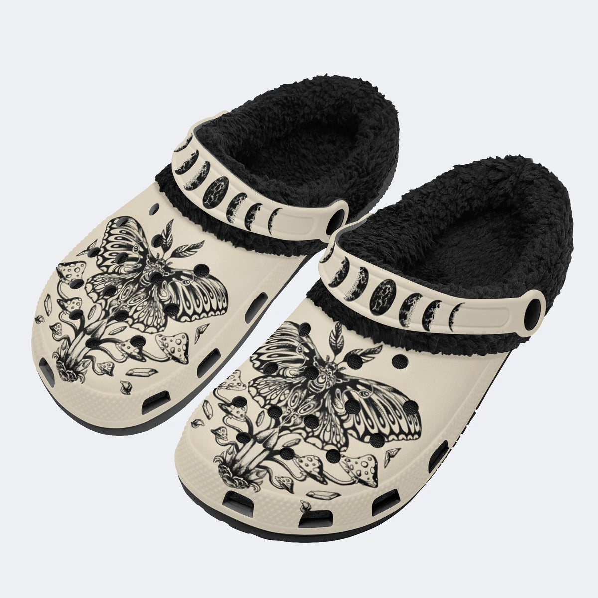 Luna Moth And Mushroom Mystical Moon Moth Witchy - Fur Lined Slippers/Sandals