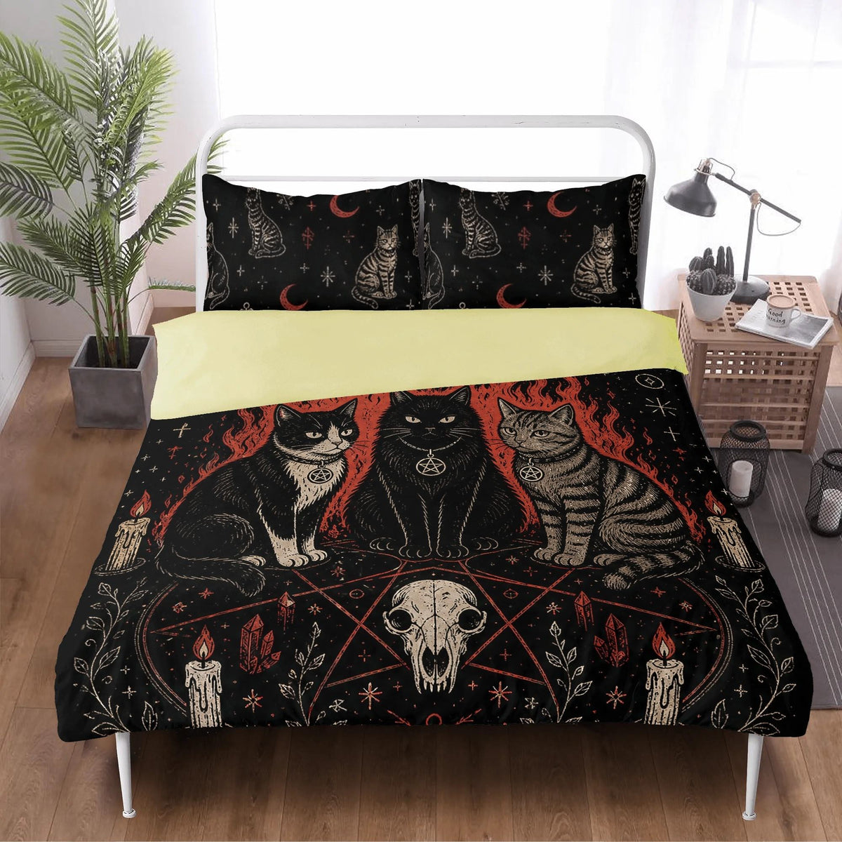 Witchy Skull Cats Print - Three Piece Bedding Set
