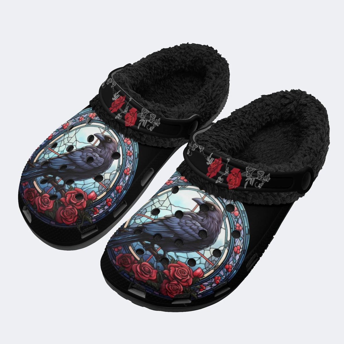 Vintage Crow Print - Fur Lined Slippers/Sandals