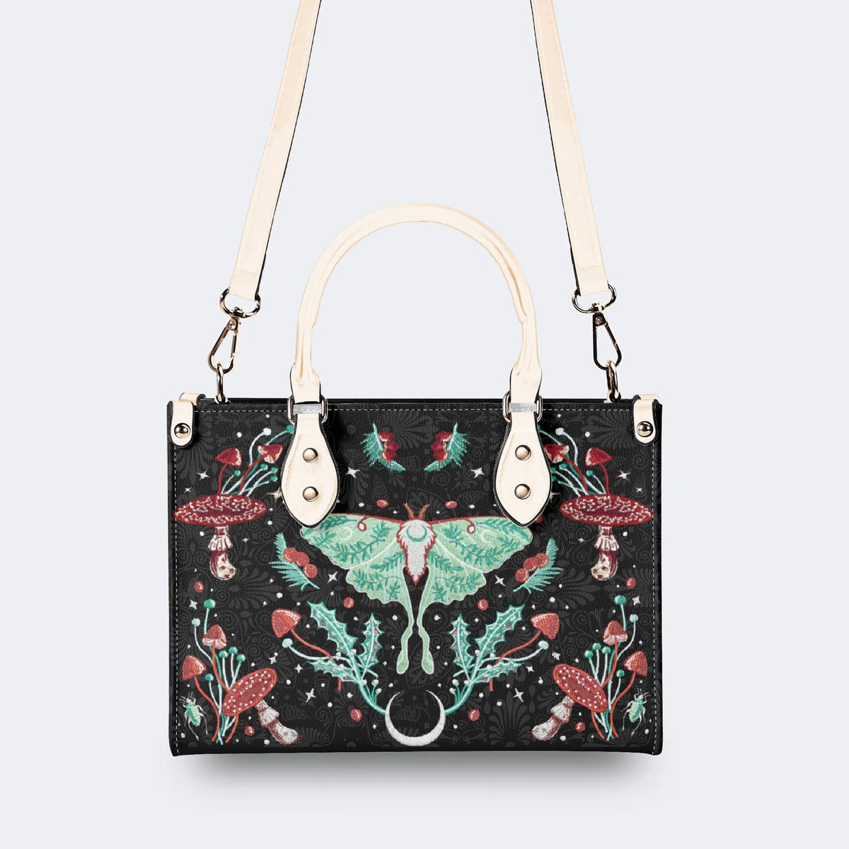 Green Moth In Mushroom Bush - Leather Handbag