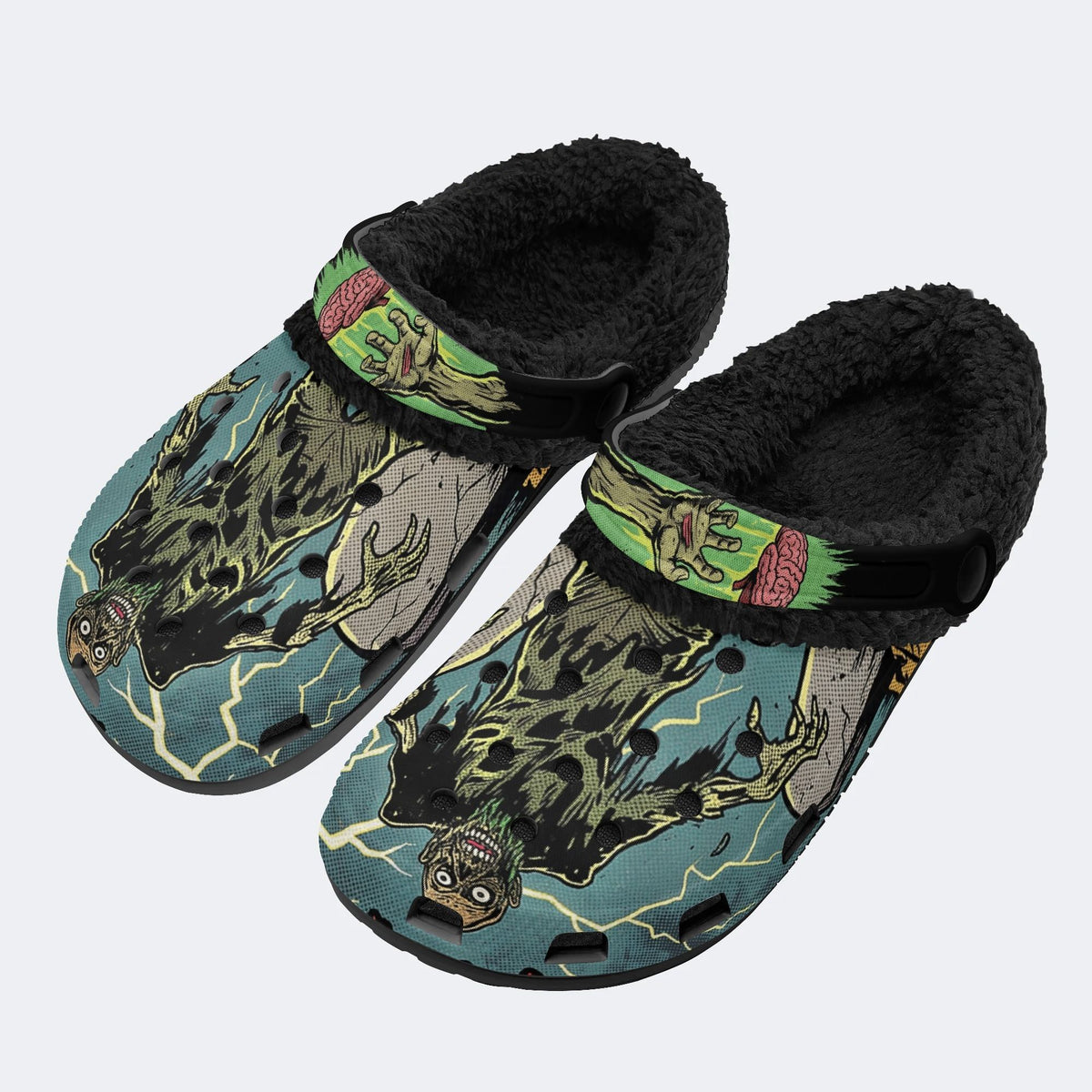Gothic Horror Zombie Lightning Comic Art - Fur Lined Slippers/Sandals