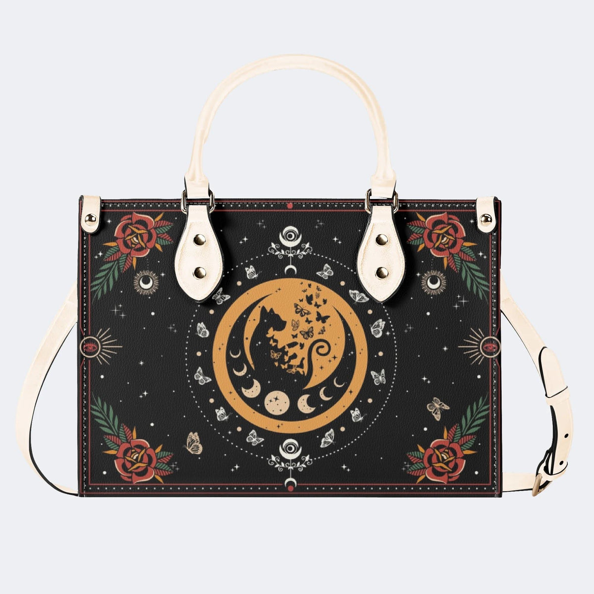 Dark Retro Moon Cat And Moth Print - Leather Handbag
