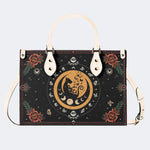 Dark Retro Moon Cat And Moth Print - Leather Handbag