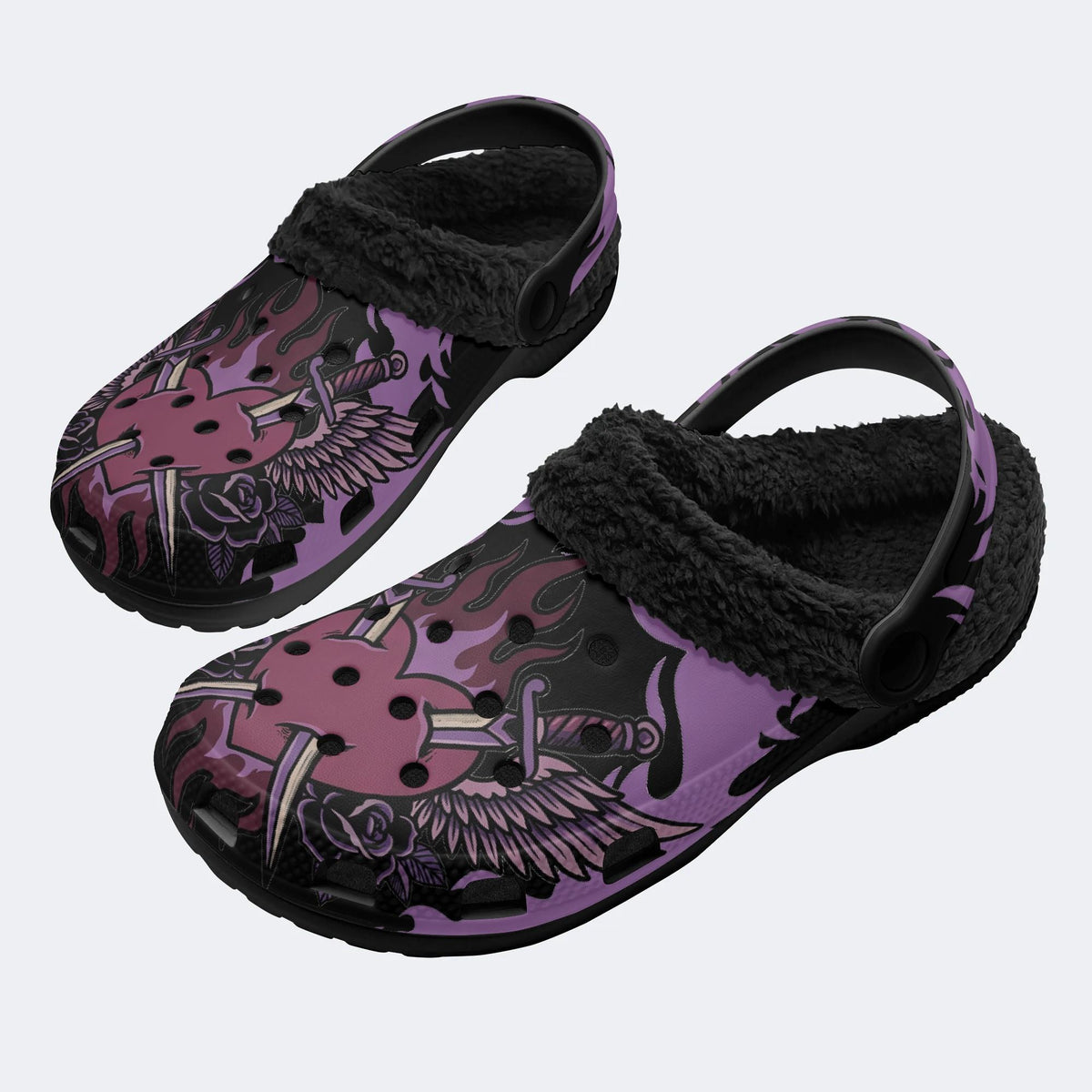 Gothic Dagger Winged Heart Rose Flame - Fur Lined Slippers/Sandals