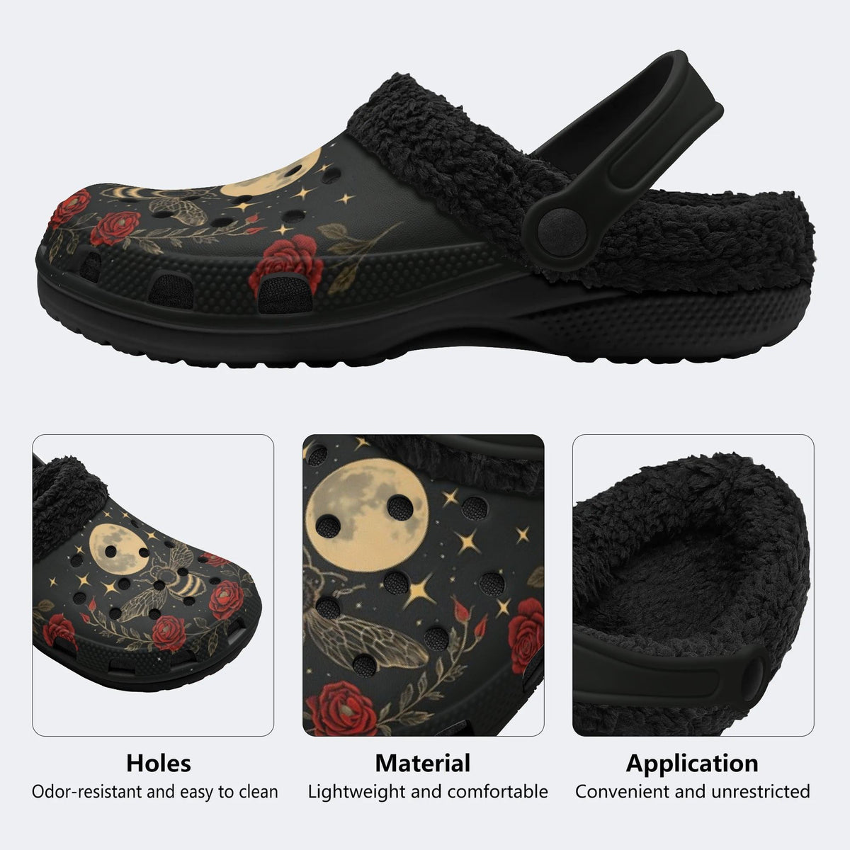 Moth And Moon Print - Fur Lined Slippers/Sandals