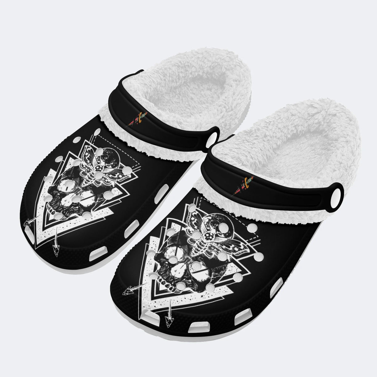 Classic Death Moth Skull Print - Fur Lined Slippers/Sandals