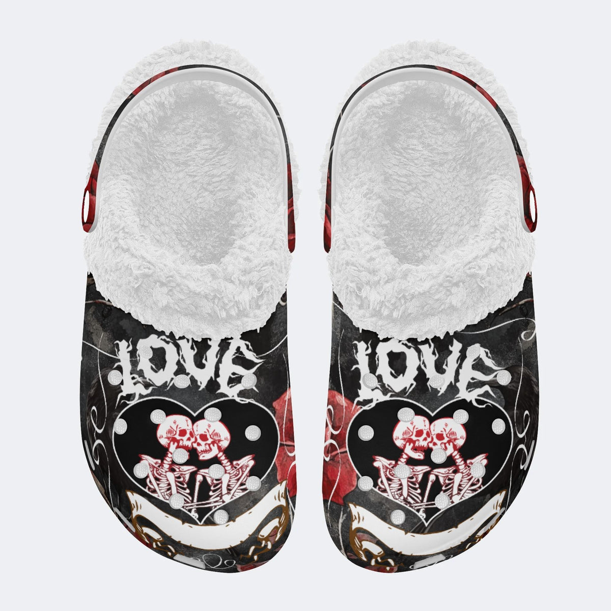 Personalized Couple Name Romantic Skeleton Hug Print - Fur Lined Slippers/Sandals