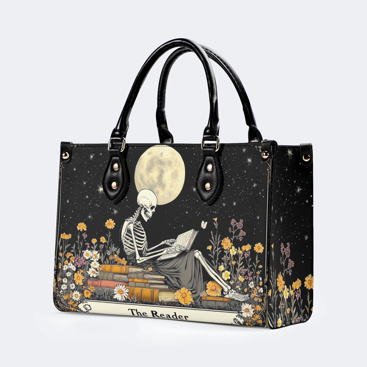 Skeleton Reading A Book Among Flowers - Leather Handbag