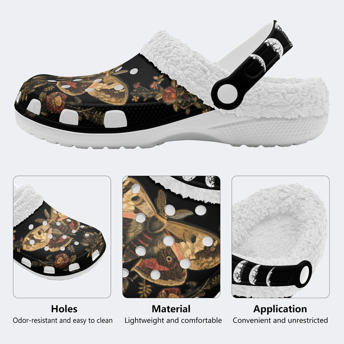 Moth In The Forest Vintage Print - Fur Lined Slippers/Sandals
