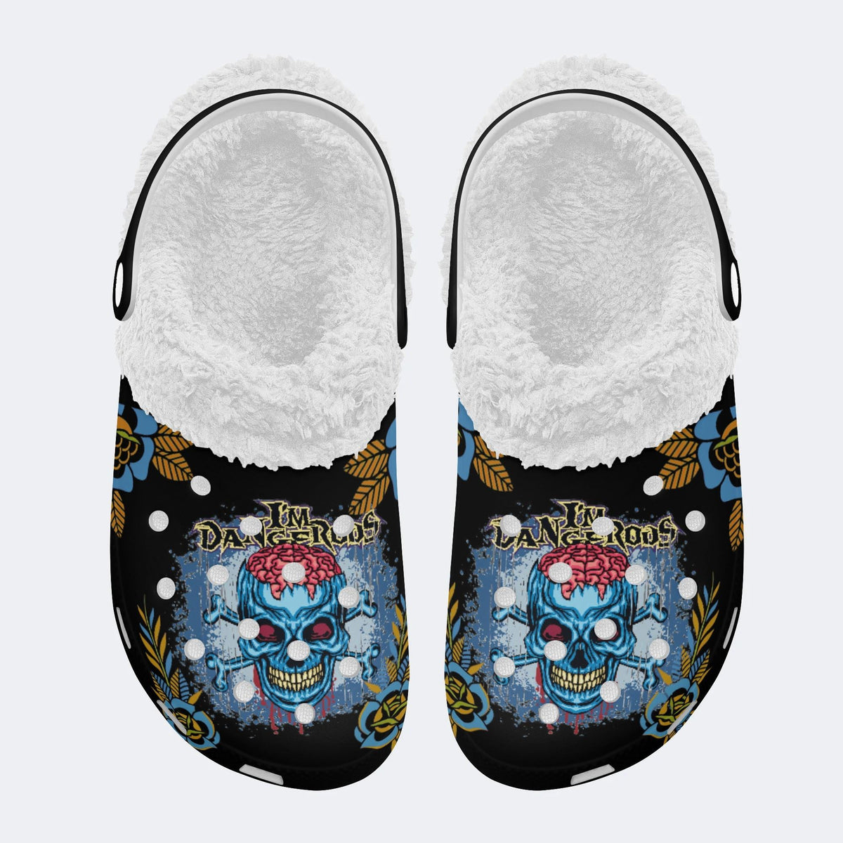 Skull&Bone Gothic Print - Fur Lined Slippers/Sandals