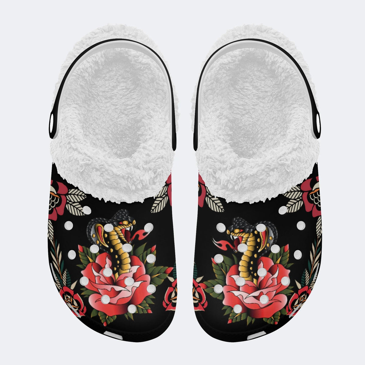 Cobra&Flowers Print - Fur Lined Slippers/Sandals