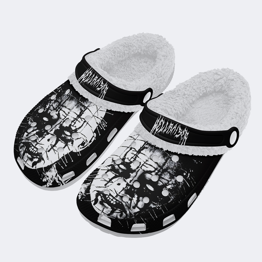 Unisex Black Metal Pinhead Print - Fur Lined Slippers/Sandals