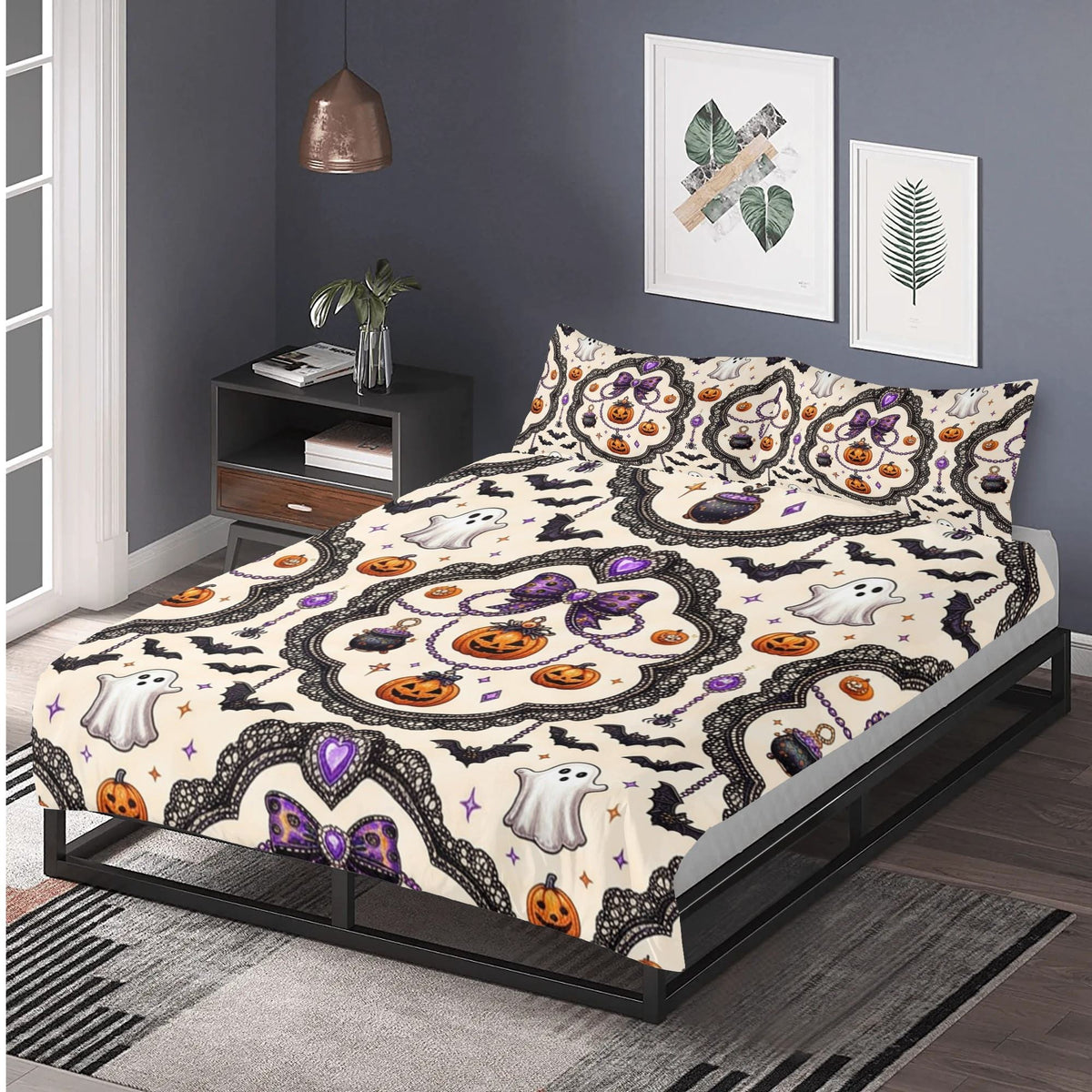 Gothic Halloween Pumpkin Print - Three Piece Bedding Set