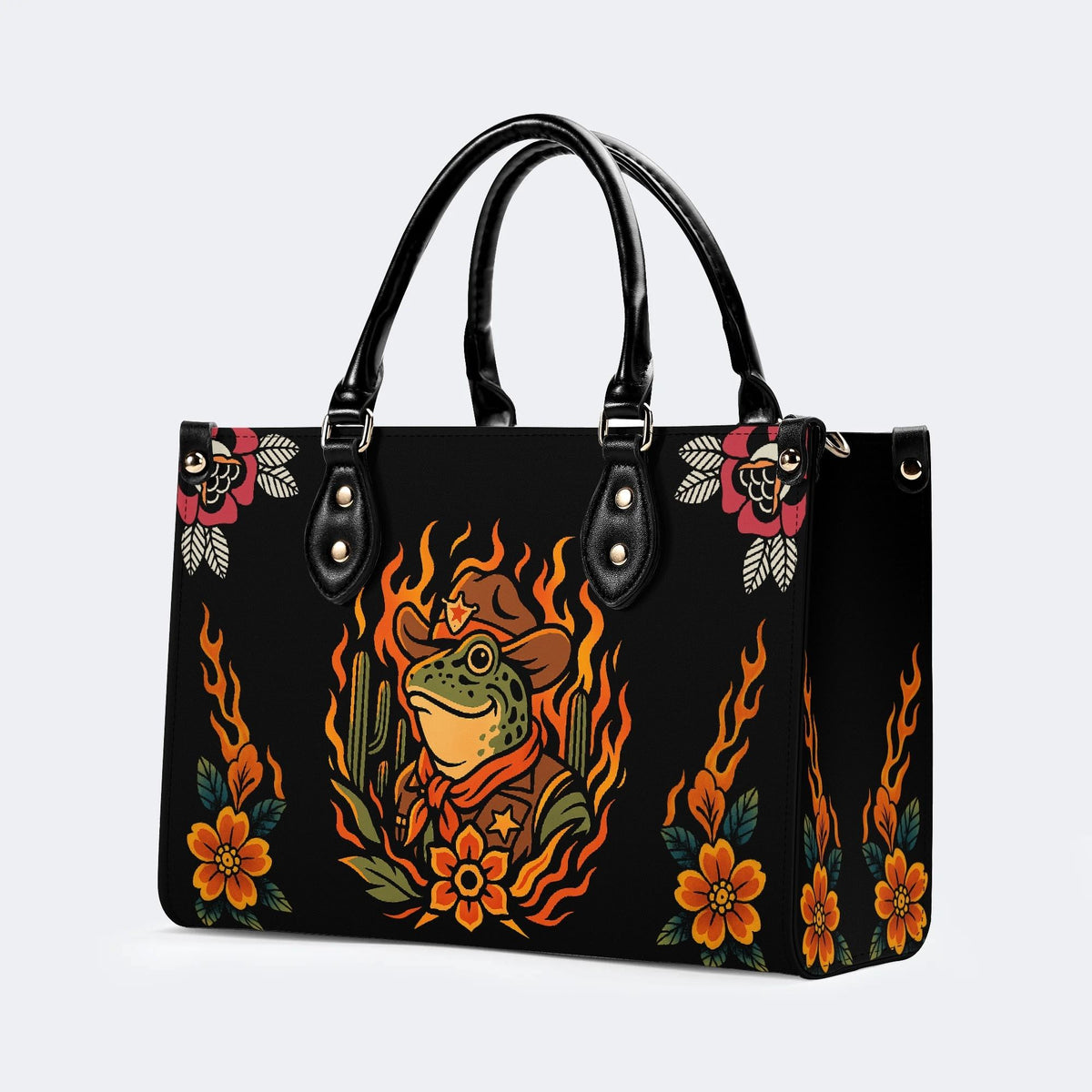 Flame Cowboy Frog Print - Leather Handbag