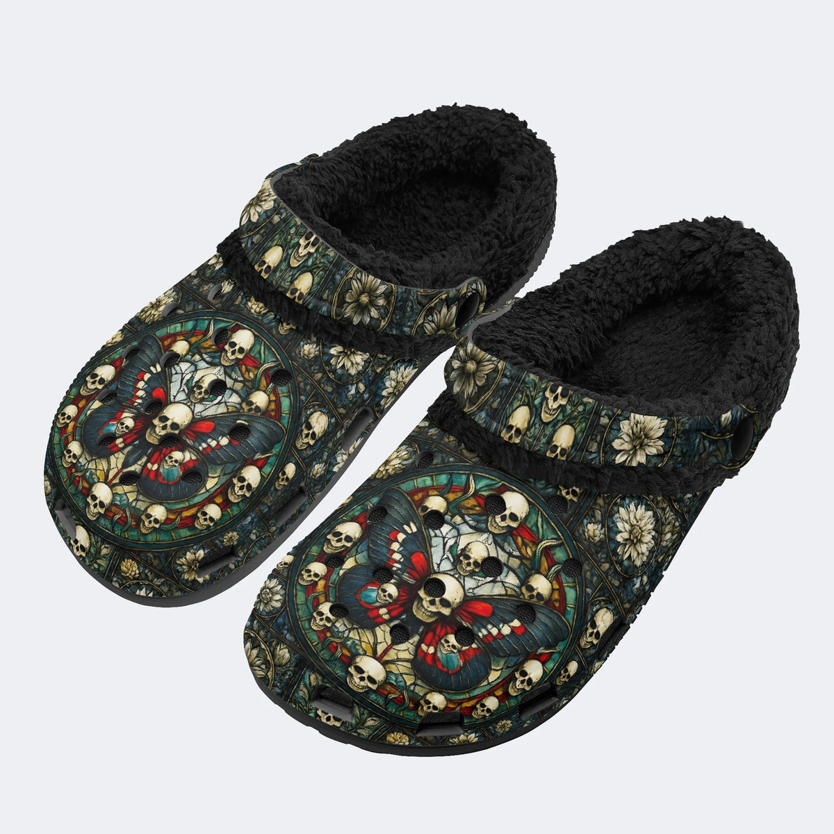 Skull And Moth Print - Fur Lined Slippers/Sandals