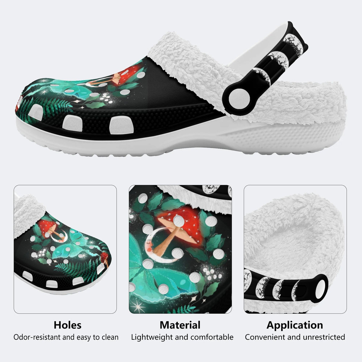 Night Sky Mushroom Butterfly Print - Removable Fur Lined Slippers/Sandals