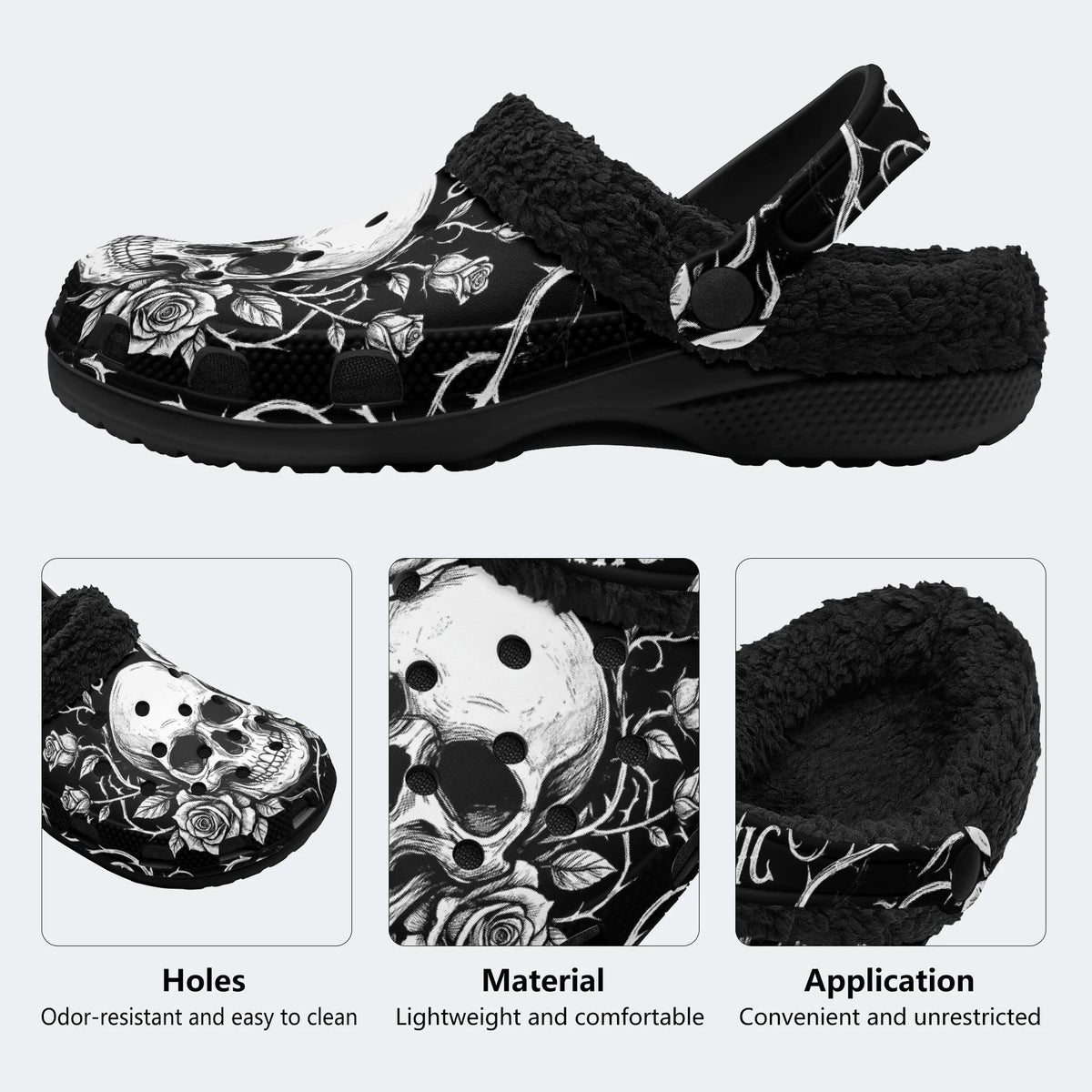 Gothic Monochrome Skull Rose Thorn‑Fur Lined Slippers/Sandals