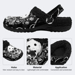 Gothic Monochrome Skull Rose Thorn‑Fur Lined Slippers/Sandals