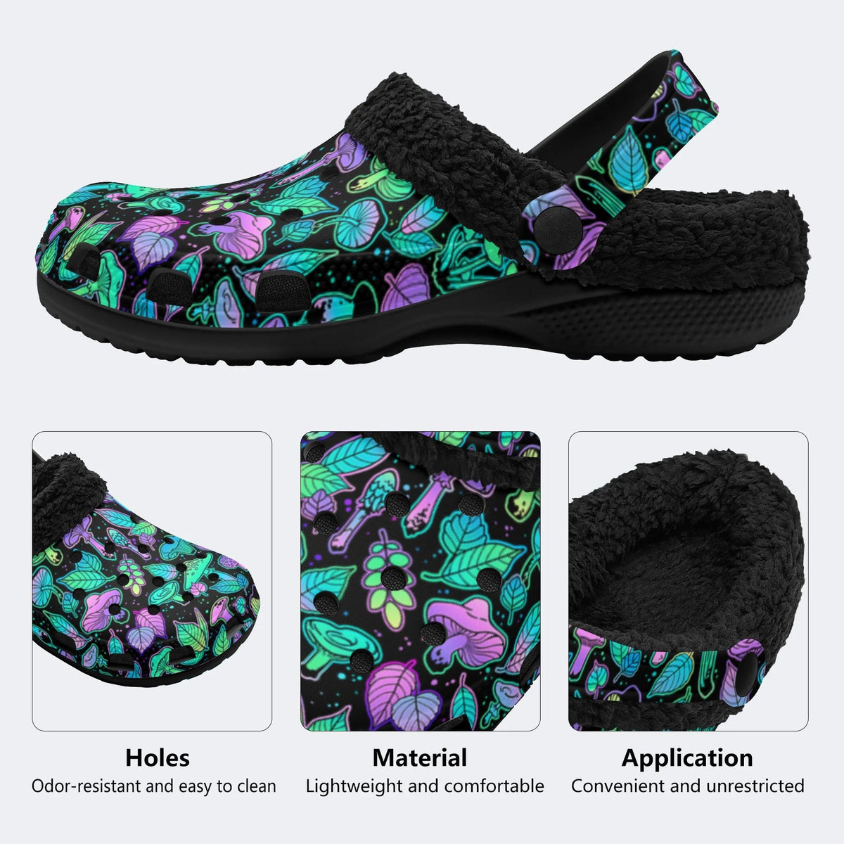 Bright Mushrooms&Plant Leaves Print- Fur Lined Slippers/Sandals