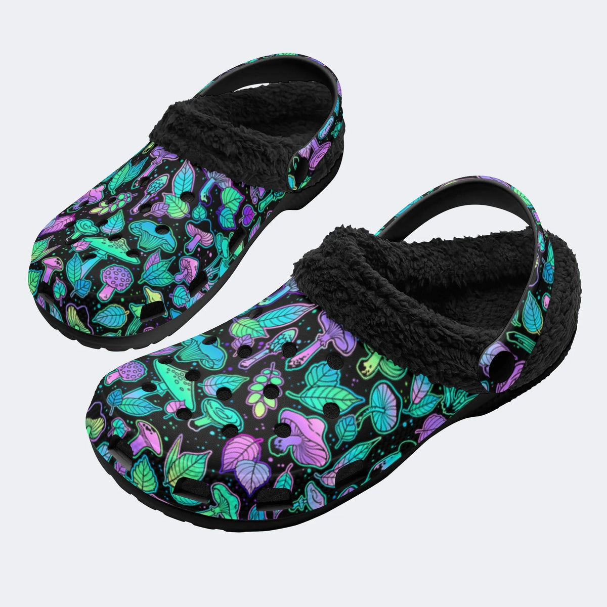 Bright Mushrooms&Plant Leaves Print- Fur Lined Slippers/Sandals