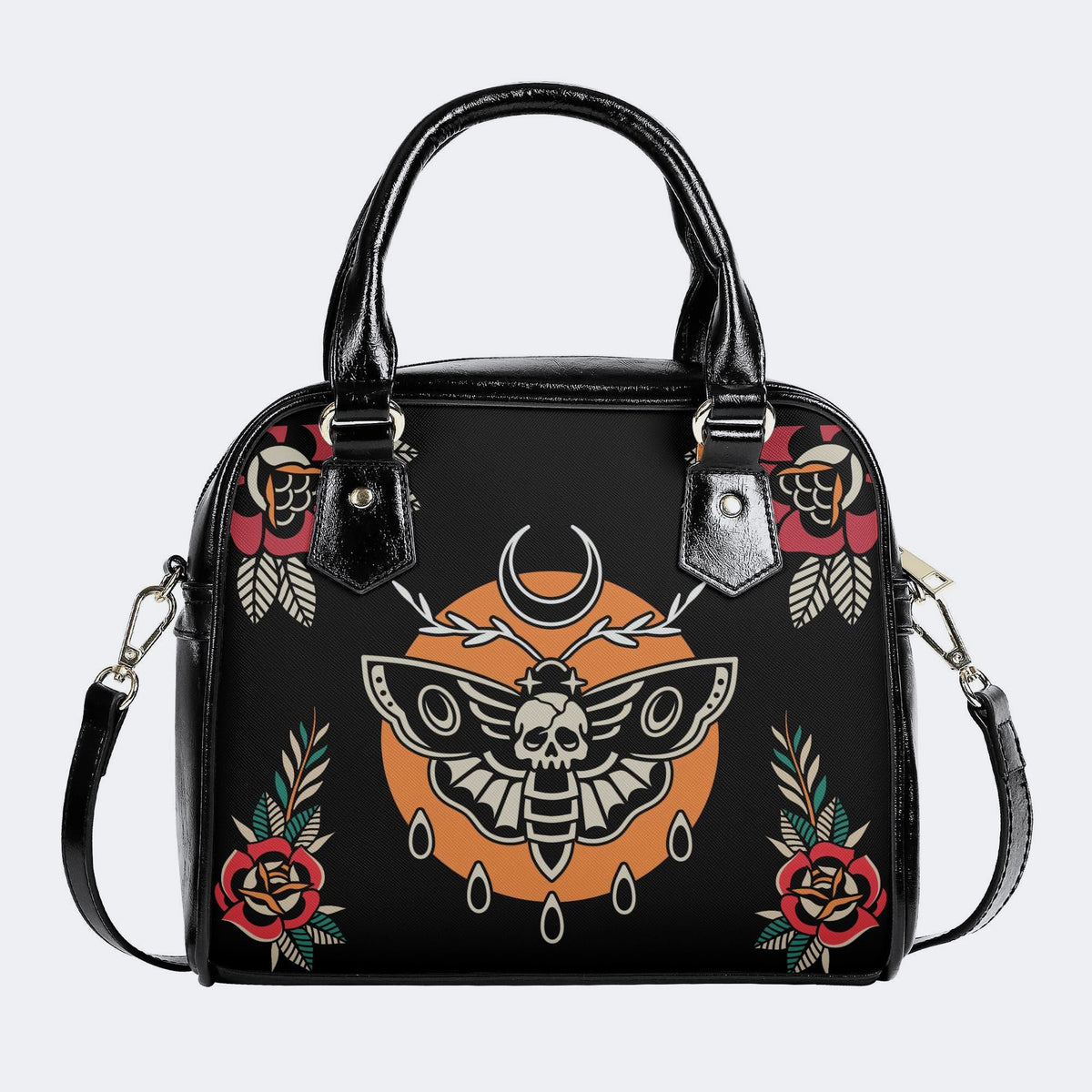 Death Moth Vintage Print - Leather Shoulder Handbag