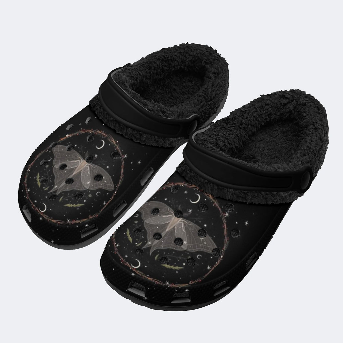Gothic Death Moth Crescent Moon Star Wreath - Fur Lined Slippers/Sandals