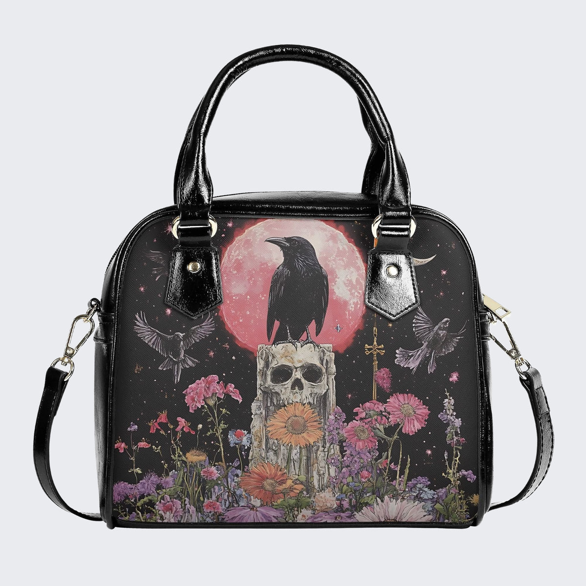 Dark Skull Crow Print - Leather Shoulder Handbag