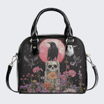 Dark Skull Crow Print - Leather Shoulder Handbag
