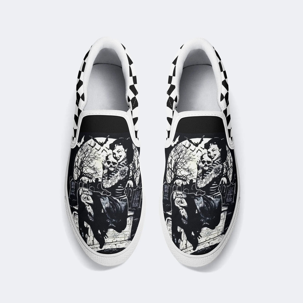 Unisex Retro Tattooed Girl Graveyard Skull Punk Print - Slip On Shoes