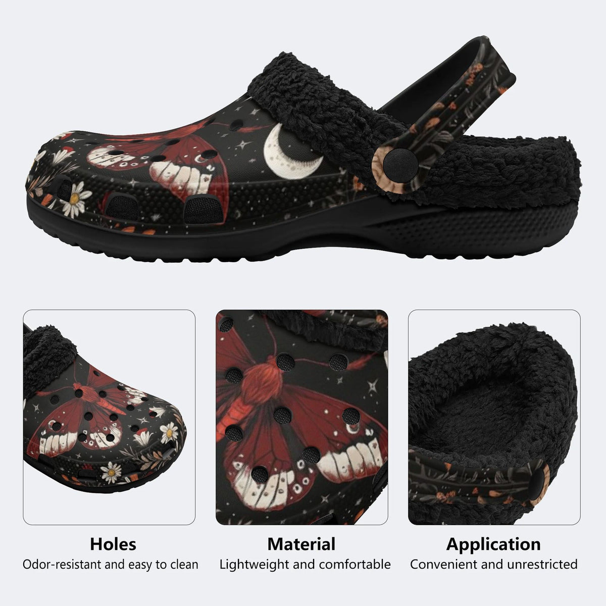 Dark Floral Moon Moth - Fur Lined Slippers/Sandals