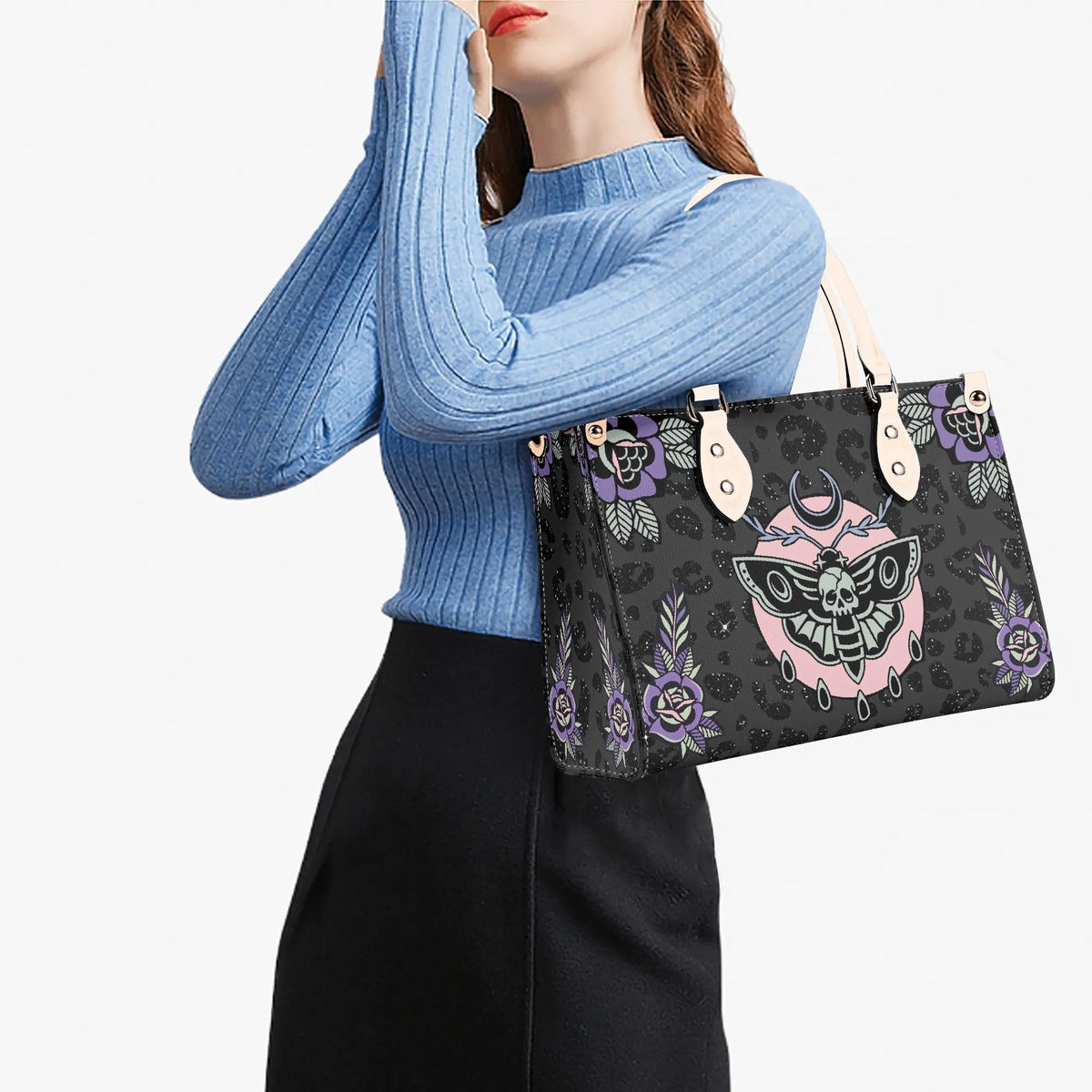 Death Moth Vintage Print - Leather Handbag