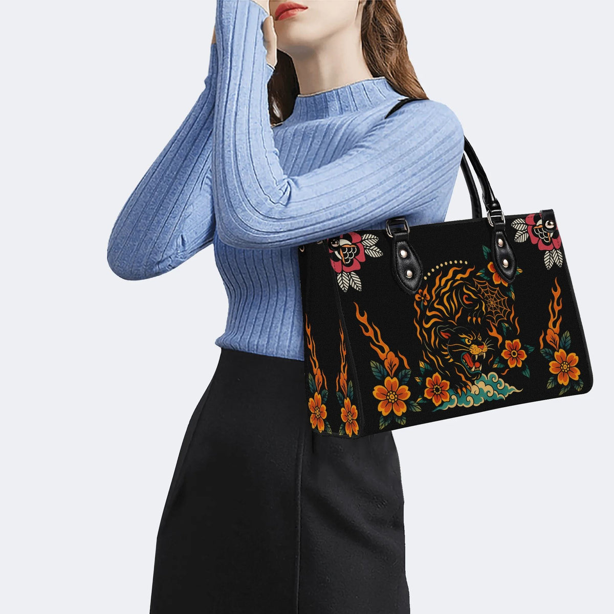 Black Panther Print - Leather Handbag