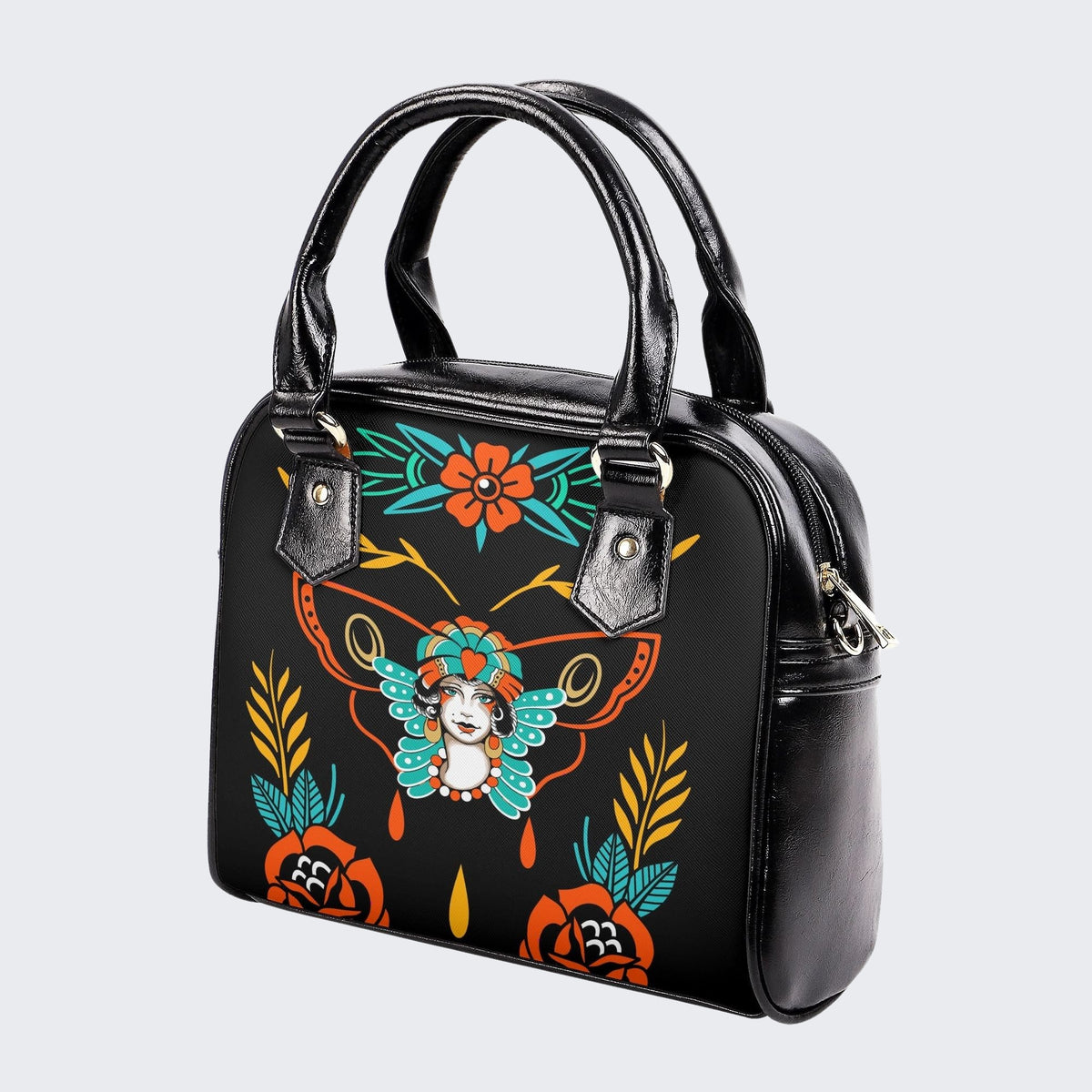 Old School Butterfly Woman Print - Leather Shoulder Handbag