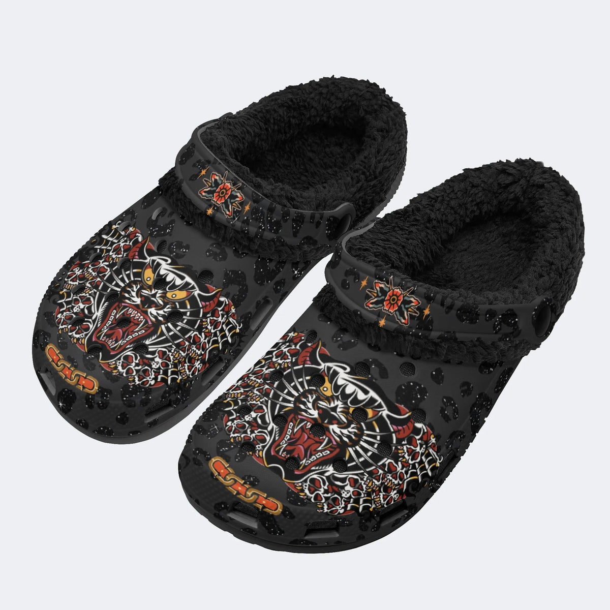 Classic Panther & Skull Print - Fur Lined Slippers/Sandals