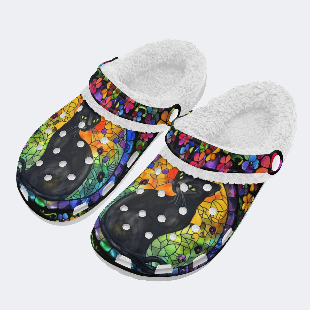 Colorful Glass And Black Cat - Fur Lined Slippers/Sandals