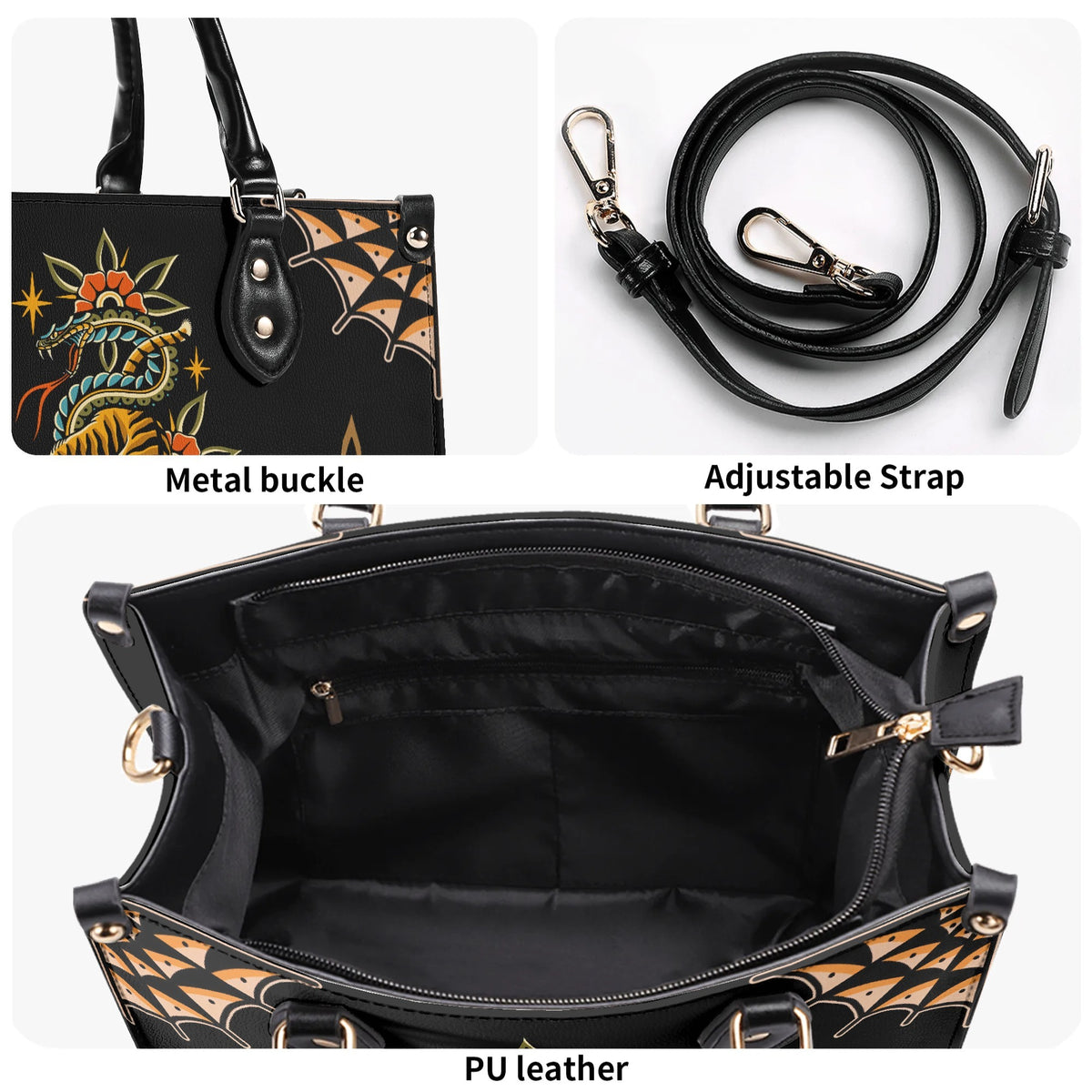 Vintage Snake And Tiger Print - Leather Handbag