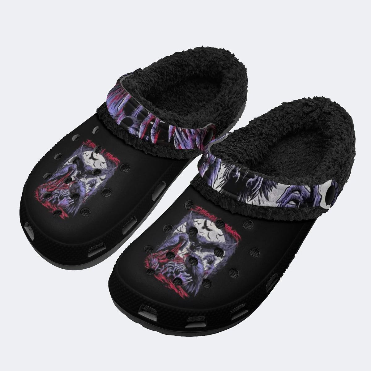 Punk Skull Crow Print - Fur Lined Slippers/Sandals