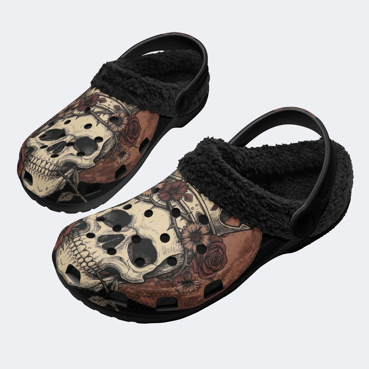 Skull Vintage Print - Fur Lined Slippers/Sandals